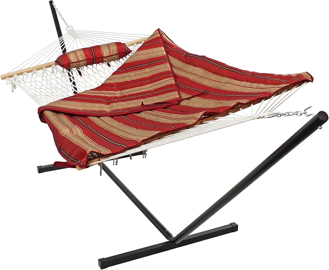 Sunnydaze Rope Double Hammock with Stand for Outside - Heavy Duty Freestanding Portable Outdoor Hammock Set with Quilted Pad, Pillow, and 12-Foot Steel Frame - 450 lb Capacity - Awning Stripe
