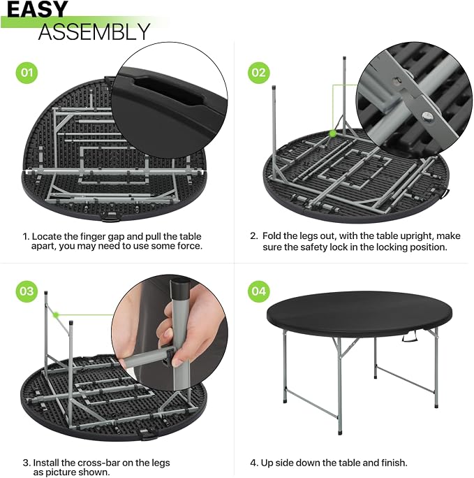 Magshion 65" Round Folding Table 5.5 Feet Plastic Bi-Folding Commercial Dining Event Table for Indoor Outdoor Camping Picnic Party, Black, 10 Pack