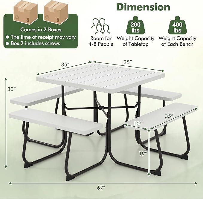 POWERSTONE Picnic Tables with Benches for 8, Outdoor HDPE Picnic Table with Umbrella Hole, Heavy Duty 35" Portable Dining Set Camping Table for Backyard, Patio, Park(White)