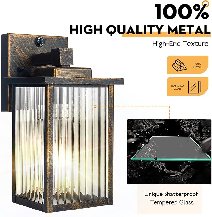 2 Pack Black Brush Gold Dusk to Dawn Outdoor Wall Light | Auto On/Off, Rust-Resistant Metal Frame, Tempered Glass, Easy DIY Install on Porch, Garage