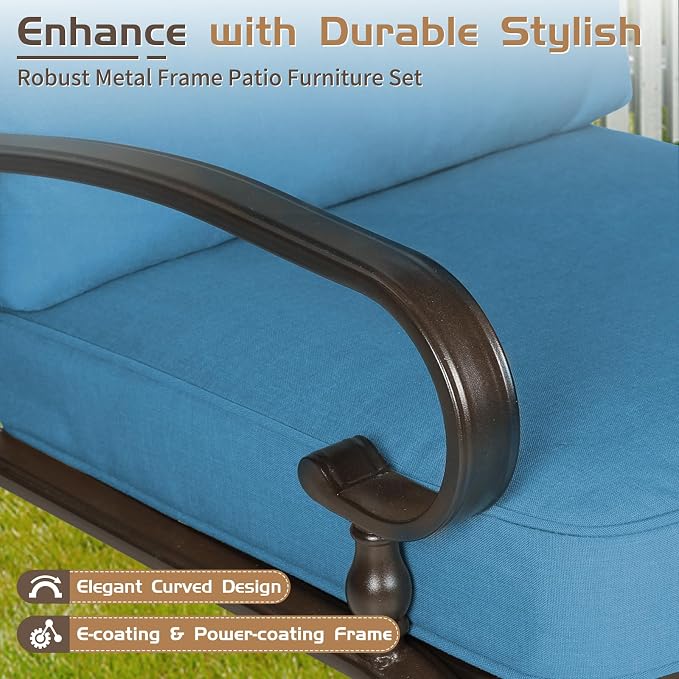 4Pcs Outdoor Furniture Metal Patio Conversation Sets, Loveseat, 2 Patio Dining Chairs with Coffee Table, Metal Frame Chair Set (Peacock Blue)