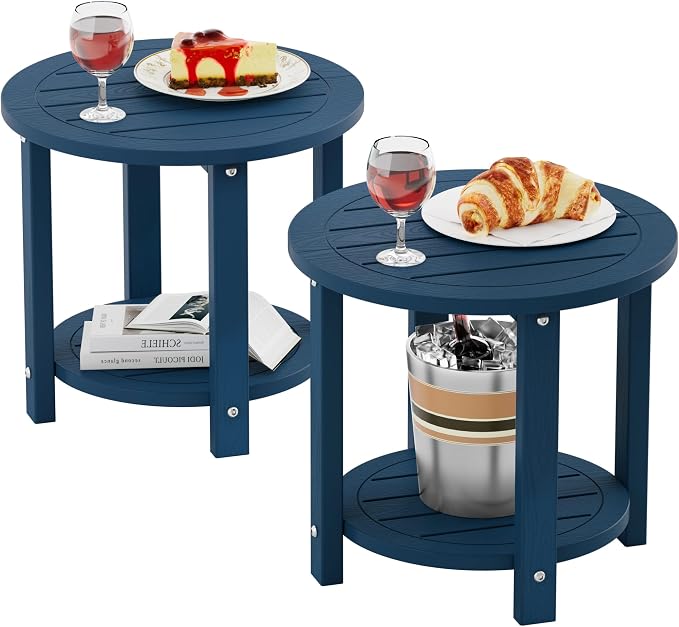 YEFU Outdoor Side Table for Patio: 16in HIPS Small Round Outdoor End Table - 2-Tier Adirondack Tables for Porch Patio Yard Poolside Living Room Beach Bedroom (Navy, 2 Pack)