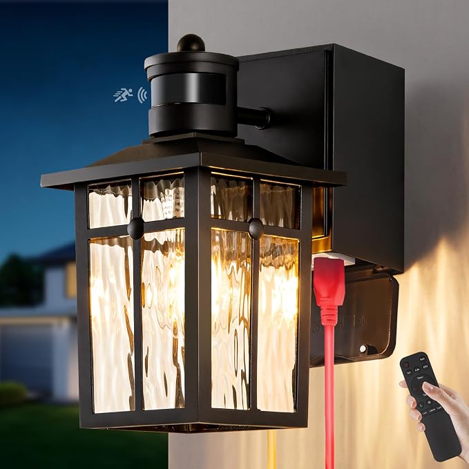 Porch Light with GFCI Outlet with Remote,Dusk to Dawn Motion Sensor Outdoor Light,Upgraded 4 Lighting Modes Black Front Door Light,Waterproof Outside Lights for House Patio Garage Entryway, 1 Pack