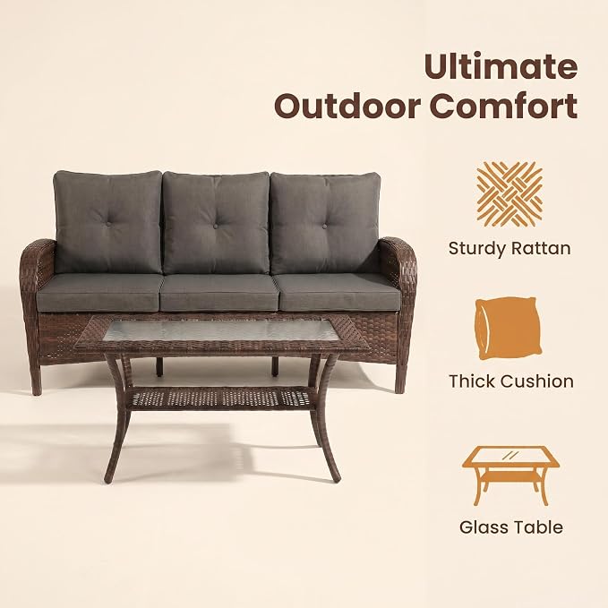 YLGJ&TIDY Outdoor Furniture 2PCS Set All-Weather Brown Wicker Patio Conversation Set 3 Seater Rattan Sofa Glass Coffee Table for Garden Backyard Porch Balcony w/Thick Cushions (Gray,2PCS Sofa/Table)