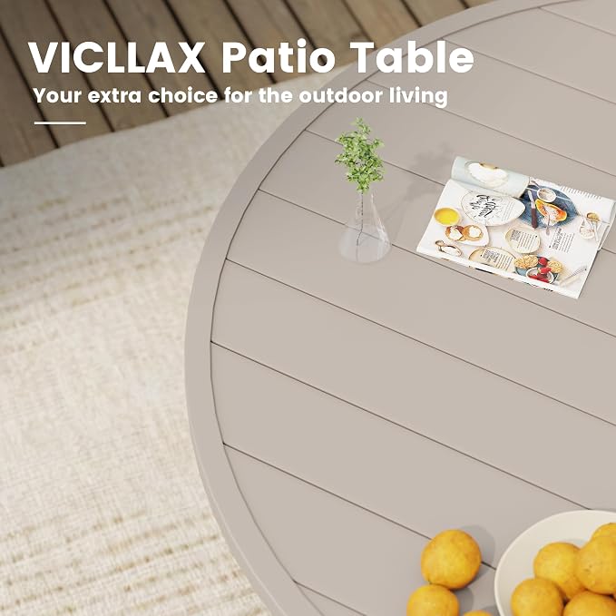 VICLLAX 60" Round Patio Table, Outdoor Dining Table for 8-10 with Umbrella Hole for Garden Lawn Deck Backyard, Sandshell