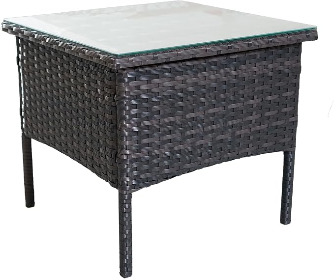 Outdoor Patio Wicker Table,Rattan Side Table,Modern Patio End Side Table with Glass Countertop and Storage Space,for Porch Garden Balcony