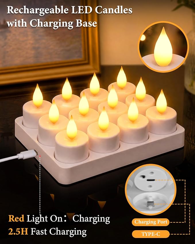 TOWPONICS 12 Packs Rechargeable Tea Lights with Remote& Charging Base | Long Lasting Flameless Candles, Ideal Decor for Home, Wedding, Christmas, Halloween, Party Ambient Lighting
