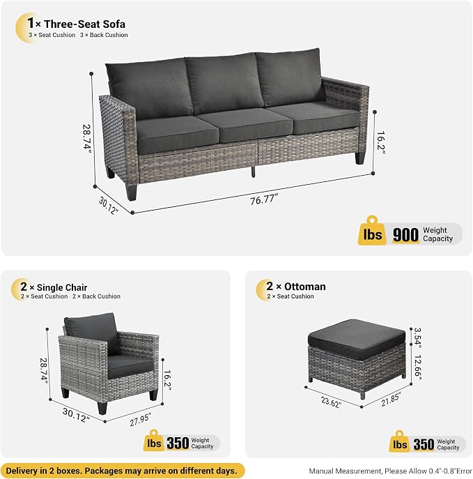 ovios 5 Pieces Patio Furniture Set, Outdoor Wicker Rattan Sofa Couch with Ottomans Comfy Cushions, Modern Conversation Set for Deck Backyard Porch, Black