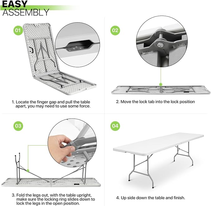 Magshion 8ft Plastic Folding Table with Handle for Indoor Outdoor, 8 Foot Utility Commercial Craft Foldable Table for Party Events, White