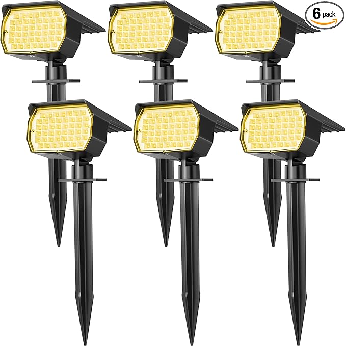 WENATY Solar Spot Light Outdoor Landscape Spotlights 6 Pack Warm White | IP65 Waterproof, 46 LEDs, 3 Modes Auto On/Off Solar Powered Flood Lights for Outside Pathway, Yard, Garden, Garage, Walkwa