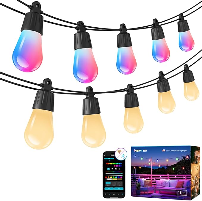 Lepro ZB1 AI Smart Outdoor String Lights, 54(42+12) ft RGB+IC+Warm White Outside Light with 15 Plastic LED Bulbs, Music Sync, Alexa Google Enable, 2.4 GHz WiFi+Bluetooth (APP Control, No Remote)