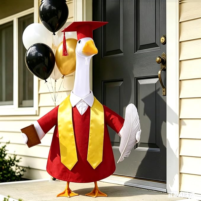Graduation Porch Goose Outfit with Cap and Gown Stoles for 23" Porch Goose Holiday Outdoor Garden Patio Yard Lawn Art Decoration (Red)