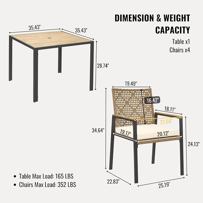 5-Piece Outdoor Patio Furniture Dining Set, All-Weather Rattan Conversation Set with Umbrella Hole, Weather Resistant Table and Chairs for Garden/Backyard Deck (Yellow)