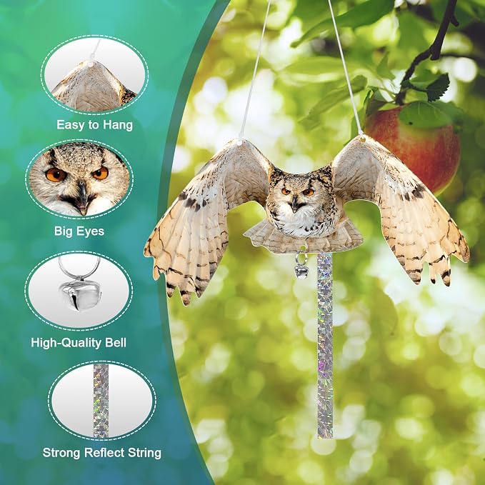 Owls to Keep Birds Away: 3Pcs Fake Owl with Reflective Tape for Garden Patio, Reflective Hanging Decoration to Keep Birds Pigeon from Windows Tree