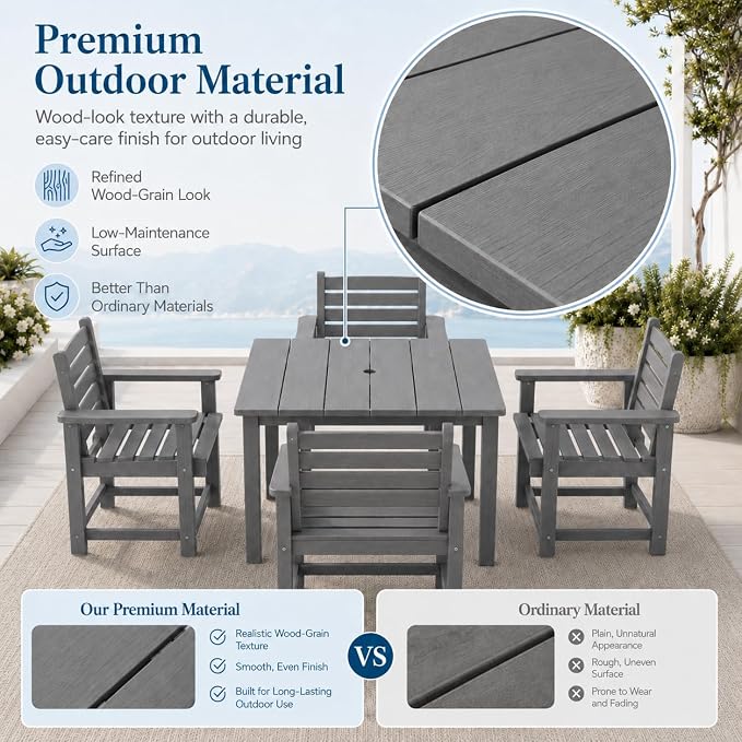 HDPE Outdoor Dining Set for 6, Modular Tables & 6 Armchairs | • Expandable 2-Table Combo • Dual 2" Umbrella Openings • 410 lbs High Weight Limit • All-Weather Polywood