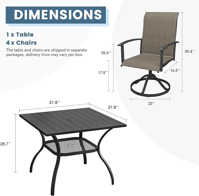 DIFY 5 Pieces Outdoor Dining Set, Metal Patio Table and Chairs Set for 4 with Umbrella Hole, 37.8" Black Square Table and Brown Textilene Swivel Patio Chairs for Garden, Backyard, Poolside