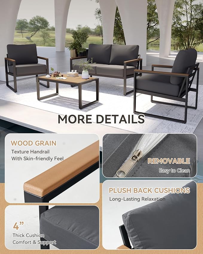 Aoxun 4 Piece Patio Furniture Set, Outdoor Patio Furniture with Thick Cushions, Modern Metal Outdoor Conversation Sets with Coffee Table for Porch, Balcony, Deck Dark Grey