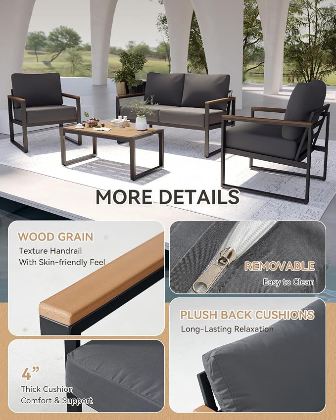 Aoxun Patio Furniture Set, 4 Piece Outdoor Patio Furniture with Thick Cushions, Modern Metal Outdoor Conversation Sets with Coffee Table for Porch, Balcony, Deck Dark Grey