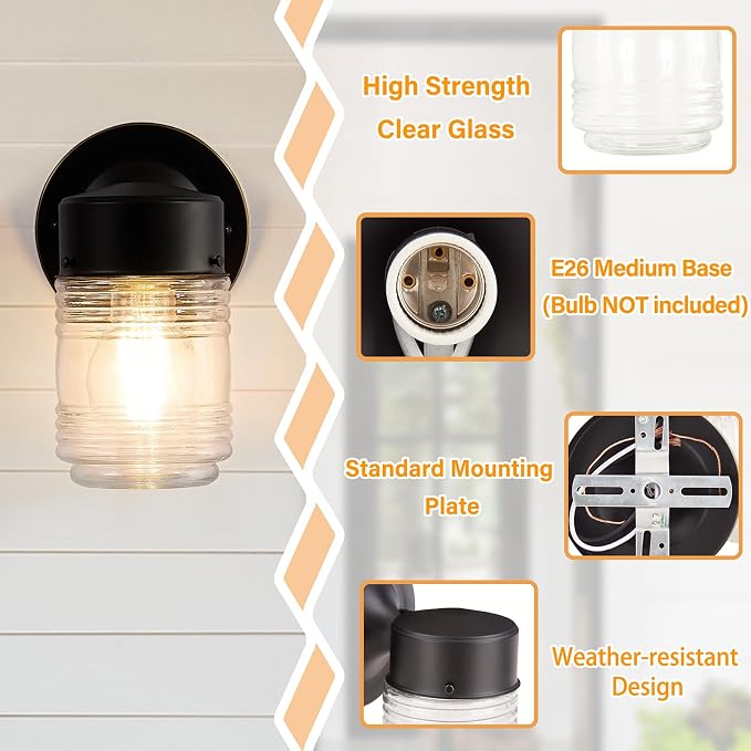 EJIAXIN 2 Pack Outdoor Wall Lantern, Exterior Waterproof Wall Sconce Light Fixtures, Black Front Door Lighting with Clear Glass Shade, Anti-Rust E26 Socket Porch Lights for Entryway