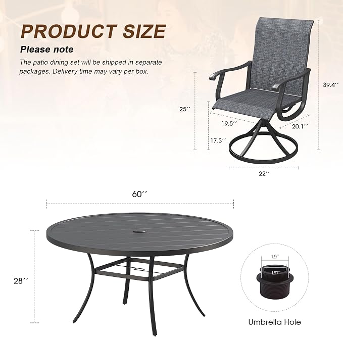 VICLLAX 9 Pieces Outdoor Patio Dining Set, 60" Round Wrought Iron Metal Outdoor Table with Umbrella Hole and 8 Swivel Textilene Chairs for Lawn,Garden,Porch,Black/Dark Grey