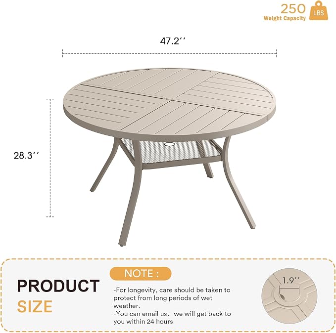 VICLLAX Round Patio Table with Adjustable Umbrella Hole for 6, All Weather Metal Outdoor Dining Table for Lawn Garden, 47.2" Outdoor Coffee Table, Cream Color Frame