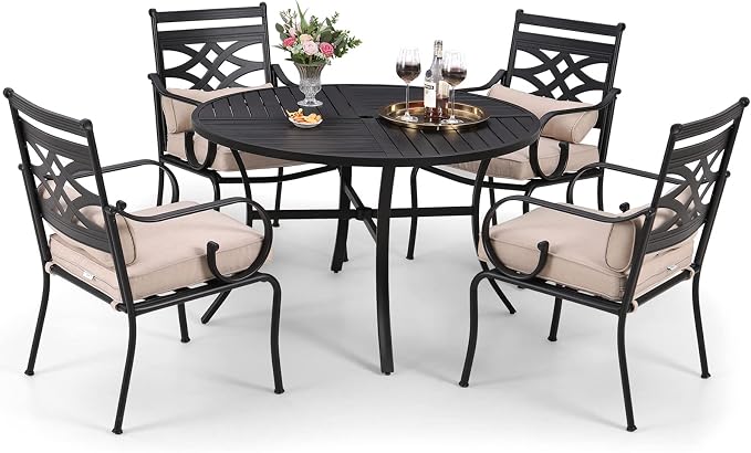 MFSTUDIO 5-Piece Patio Dining Set, 42" Round Metal Table, Fixed Chairs | Umbrella Hole, All-Weather Use