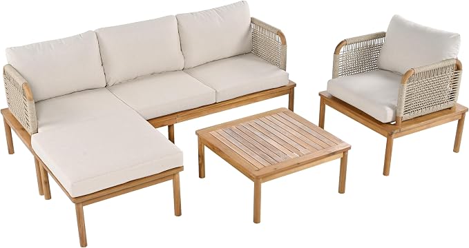 Virubi 4-Piece Acacia Wood and Rope Patio Sofa Set, Water-Repellent Cushions, Wide Deep Seats with 3-Seater, Club Chair, Ottoman & Table, Outdoor Conversation Set for Patio Garden