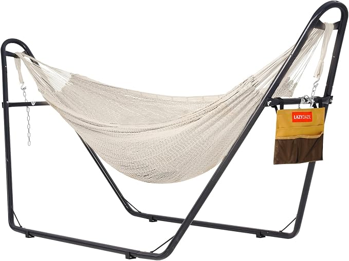 Lazy Daze Hammocks Handwoven Mayan Hammock with Heavy Duty Steel Stand, 10.5 FT Soft Rope Double Hammock for Patio Outside, 550 lbs Weight Capacity, Natural