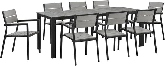 Lexmod Maine 9 Piece Outdoor Patio Dining Set in Brown Gray