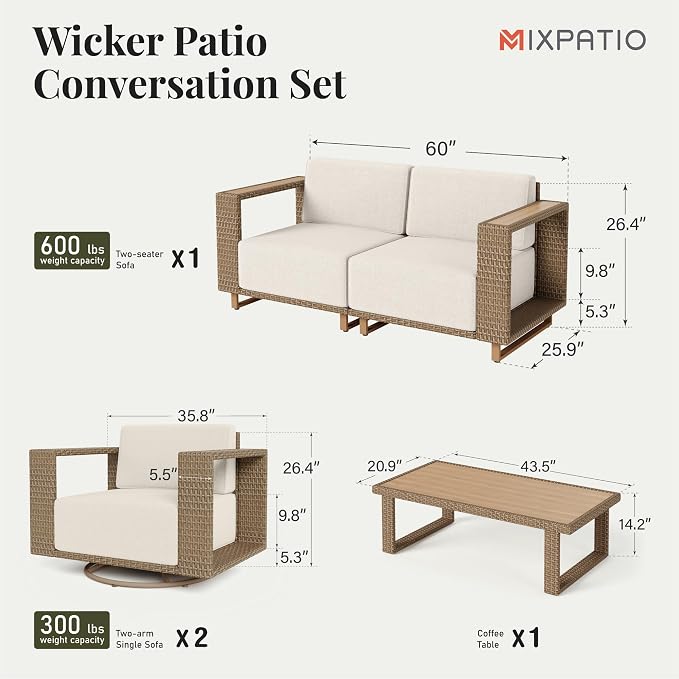 MIXPATIO Patio Furniture Set with Swivel Chairs, 4 Piece Outdoor Wicker Sofa Couch with 10" Thick Cushions, Yellow Rattan Deep Seating Conversation Set with Table, Low Profile Deck Yard Lawn Furniture