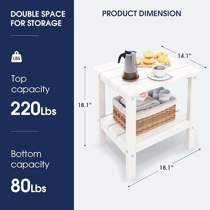 KINGYES Outdoor Side Table Set of 2, Double Layer Adirondack End Table- White