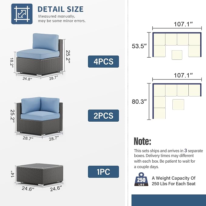 SOLAURA 7 Pieces Outdoor Patio Furniture Set, Black Brown Rattan Outdoor Patio Sectional Conversation Set, Modular Sofa Set with Coffee Table, Sky Blue (Include Sofa Cover)