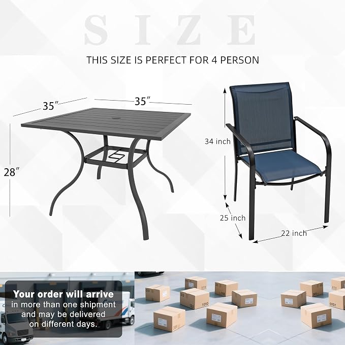 Anmutig Small Patio Dining Set of 5, Outdoor 35" Square Table with Umbrella Hole and 4 Stackable Blue Chairs for Outdoor Use
