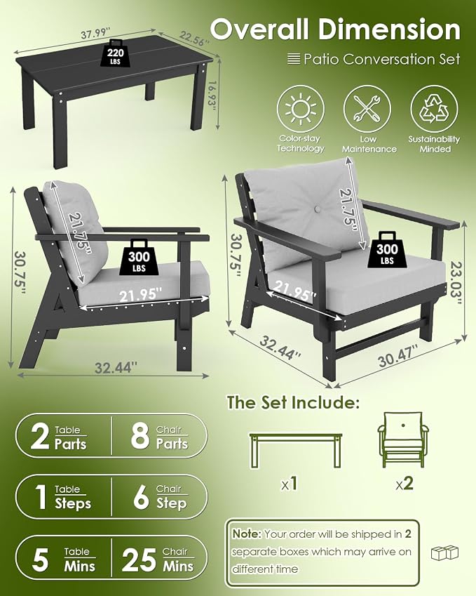 GREENVINES 3-Piece-Patio-Furniture-Set | HDPE Plastic | Outdoor Sectional Conversation Sets | All-Weather Couch | Sofa with Coffee Table | Detachable Armrests | for Deck Lawn | Black