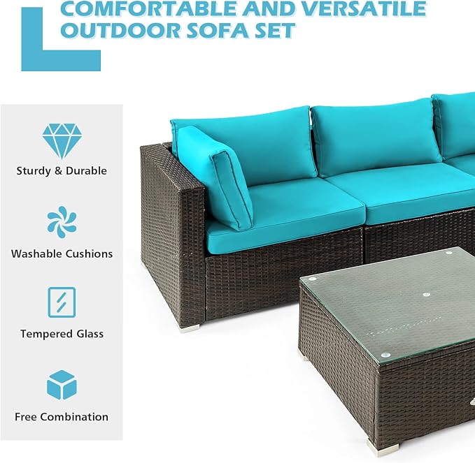 DORTALA 5 Pieces Patio Furniture Set, Outdoor Rattan L-Shaped Corner Sofa Set with Cushions, Coffee Table, Patio Sectional Conversation Set for Backyard Porch Garden Poolside, Turquoise