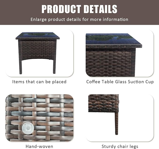 Rattan Side Table,Outdoor Patio Wicker Table,Modern Patio End Side Table with Glass Countertop and Storage Space,for Garden Balcony Porch (Brown2)