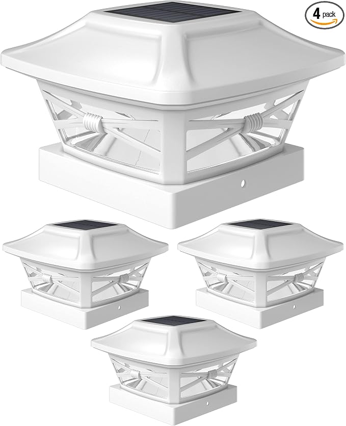 Davinci Renaissance Solar Outdoor Post Cap Lights, 4x4 5x5 6x6, Bright, 4PK | Pearl White, fence/deck/garden/patio posts, UV fade-protected plastic, auto-on, 7-8h runtime, cordless, IP44, 25lm warm white