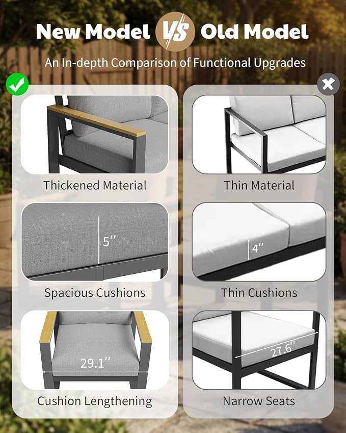 IDEALHOUSE Aluminum Outdoor Patio Furniture - 1 Pcs Loveseat and Coffee Table, All-Weather Metal Modern Outside Furniture with Washable Thick Cushion for Balcony, Garden, Deck, Backyard,Gray