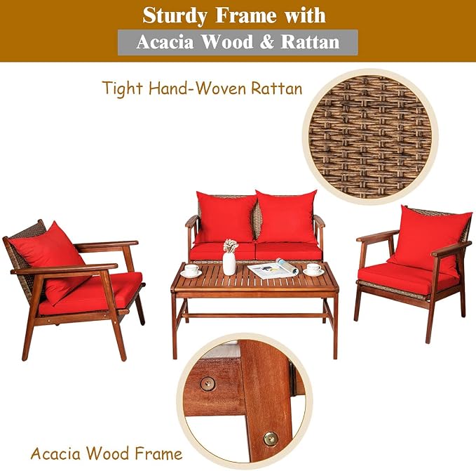 Tangkula 8 PCS Patio Wood Sofa Set, Outdoor Acacia Wood Seating Chat Set with Cushions & Coffee Table, Sectional Conversation Sofa Set for Garden, Backyard, Poolside (2, Red)