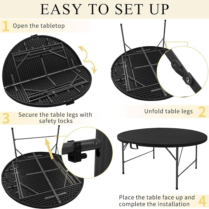 5 FT Round Folding Tables with Carrying Handle 60 inch Heavy Duty Portable Plastic Commercial Table Steel Legs for Party, Dining, Wedding, Events, Picnic Indoor, Outdoor (Black,1 Pack)