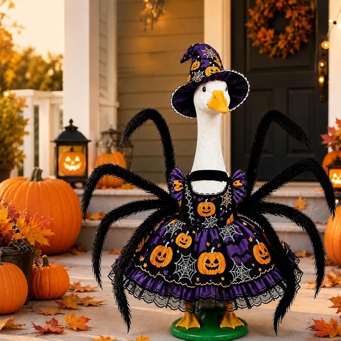 Halloween Porch Goose Outfits for 23'' Lawn Geese Statue, Pumpkin Porch Goose Outfit Costume with Dress Witch Hat Spider Wing, Outdoor Garden Goose Decor for Patio Yard Lawn Halloween Ornament