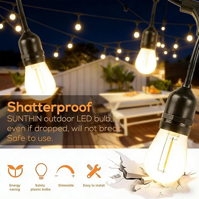 SUNTHIN 50FT Outdoor String Light with 16 1W LED Shatterproof Filament Bulb for Patio Lights, Backyard, Porch, Party Lights