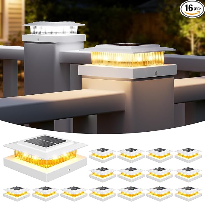 4x4 Post Solar Lights with 2 Modes,Solar Post Lights, 16 Pack White | Solar Post Cap Lights for 4x4 Post Caps Wood Vinyl,5x5 Vinyl Post,IP44 Waterproof Fence Post Solar Lights Outdoor for Deck