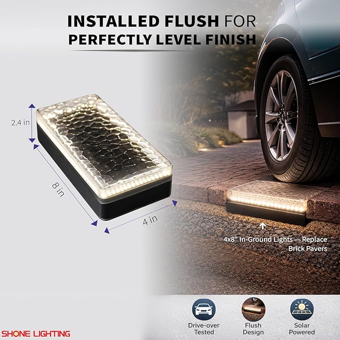 4x8 Solar Ground Lights, 3500K Paver Light, Warm White, 6Pack | Super Bright 100-LEDs, Outdoor Waterproof, Recessed Lighting Bricks, Driveway, Pathway, Walkway, Garden deck, Landscape