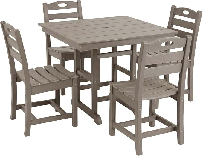 WILLIAMSPACE 37.8" Outdoor Patio Dining Set with 4 Armless Chairs, All Weather HDPE Square Dining Table with Umbrella Hole, Patio 5-Piece Bistro Set for Backyard, Balcony, Lawn, Kitchen (Brown)