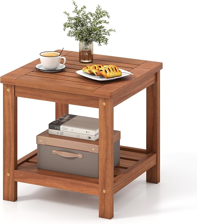 Tangkula Outdoor Side Table, 2-Tier Solid Wood Patio Table with Slatted Tabletop & Storage Shelf, Indoor Outdoor Square Small End Table for Patio, Garden, Yard, Porch, Living Room (1)