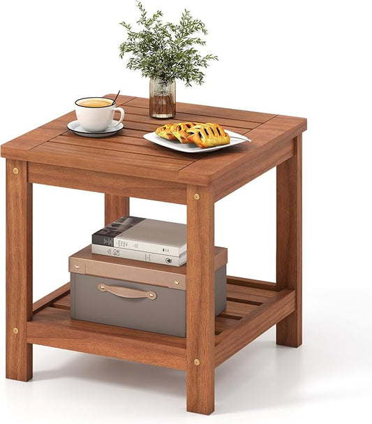 Tangkula Outdoor Side Table, 2-Tier Solid Wood Patio Table with Slatted Tabletop & Storage Shelf, Indoor Outdoor Square Small End Table for Patio, Garden, Yard, Porch, Living Room (1)