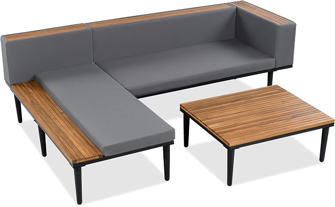 VilroCaz Luxury Outdoor Patio Furniture Set, L-Shaped Acacia Wood Sectional Sofa with Side Table, All-Weather Conversation Set with Removable Cushions and Coffee Table for Backyard Porch (Gray-4.20)