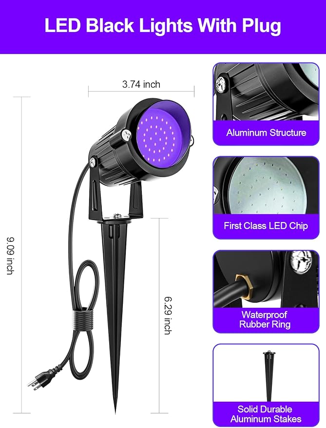 ZUCKEO 15W Halloween Blacklight Spotlight Outdoor LED Black Lights Waterproof Landscape Lighting with US Plug for Glow Dancing Party Body Painting Neon Poster Christmas Decorations(2Pack)