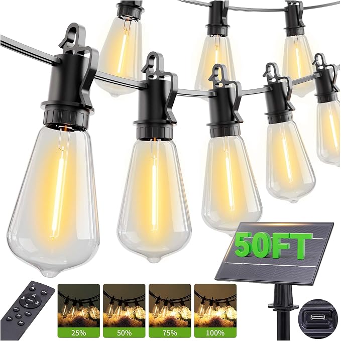 50FT Solar String Lights Outdoor with Remote, IP65 Waterproof Shatterproof ST38 15 LED Bulbs, 2700K Dimmable Outside Hanging Lights for Patio, Garden, Camping, Deck, Backyard Decor